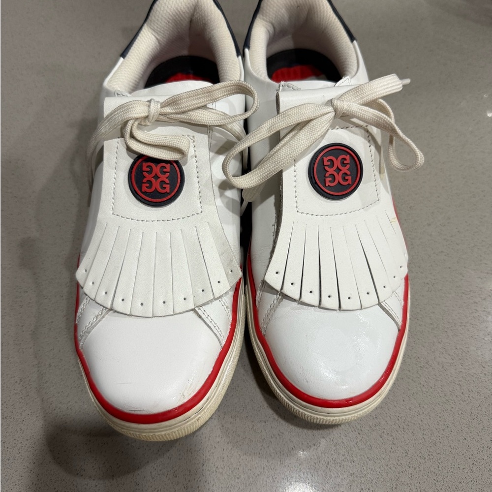 G/FORE Women's White Sneakers with Red Stripe and Navy Heel Tab - Picture 4 of 7